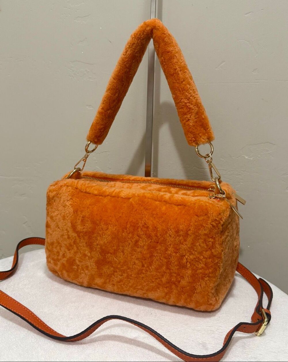 Orange Real Shearling Leather Handmade Double Zip Pillow Shoulder Bag, Crossbody